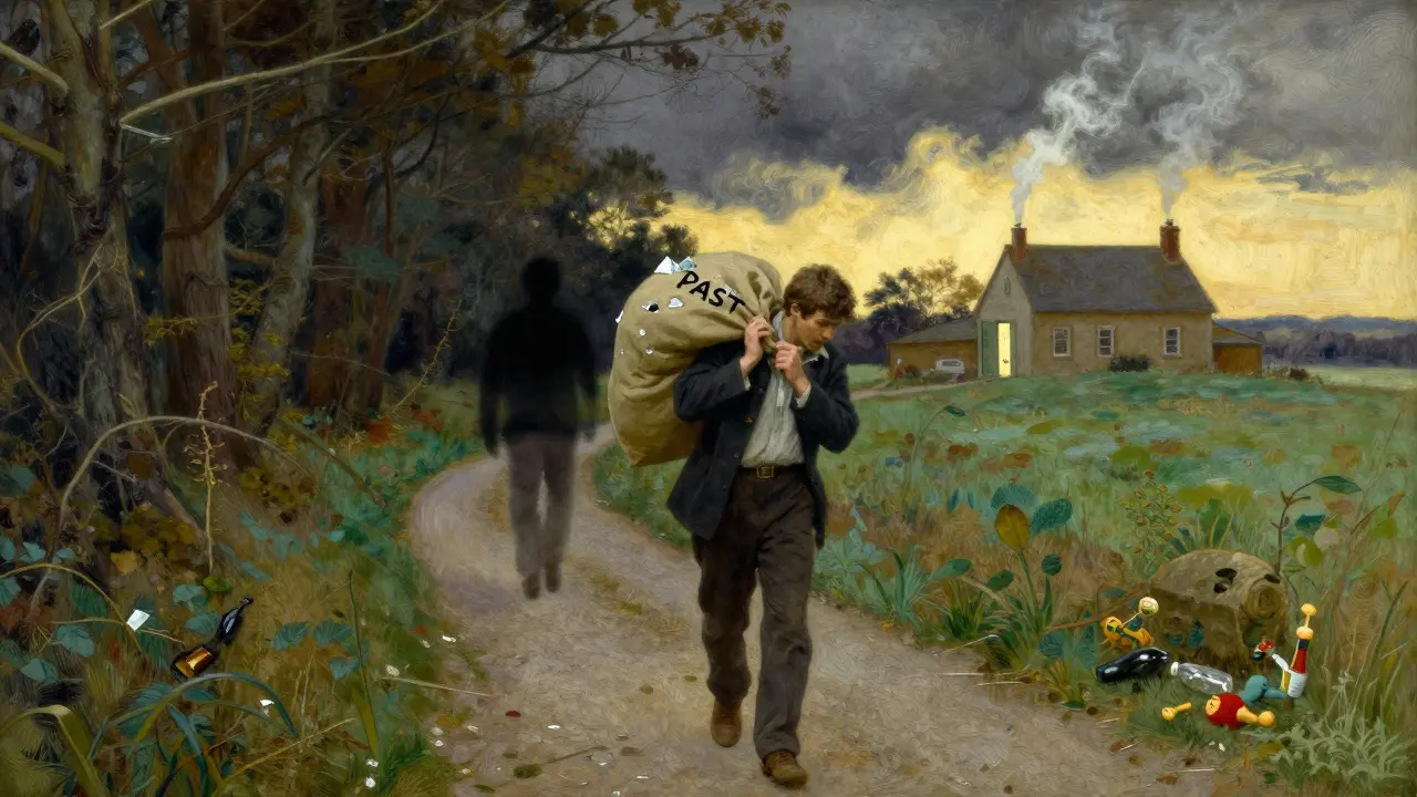 Cesta z temného lesa do osvětlené louky, muž nést tažný pytli s minulostí, zatímco jeho dřívější já zmizí.