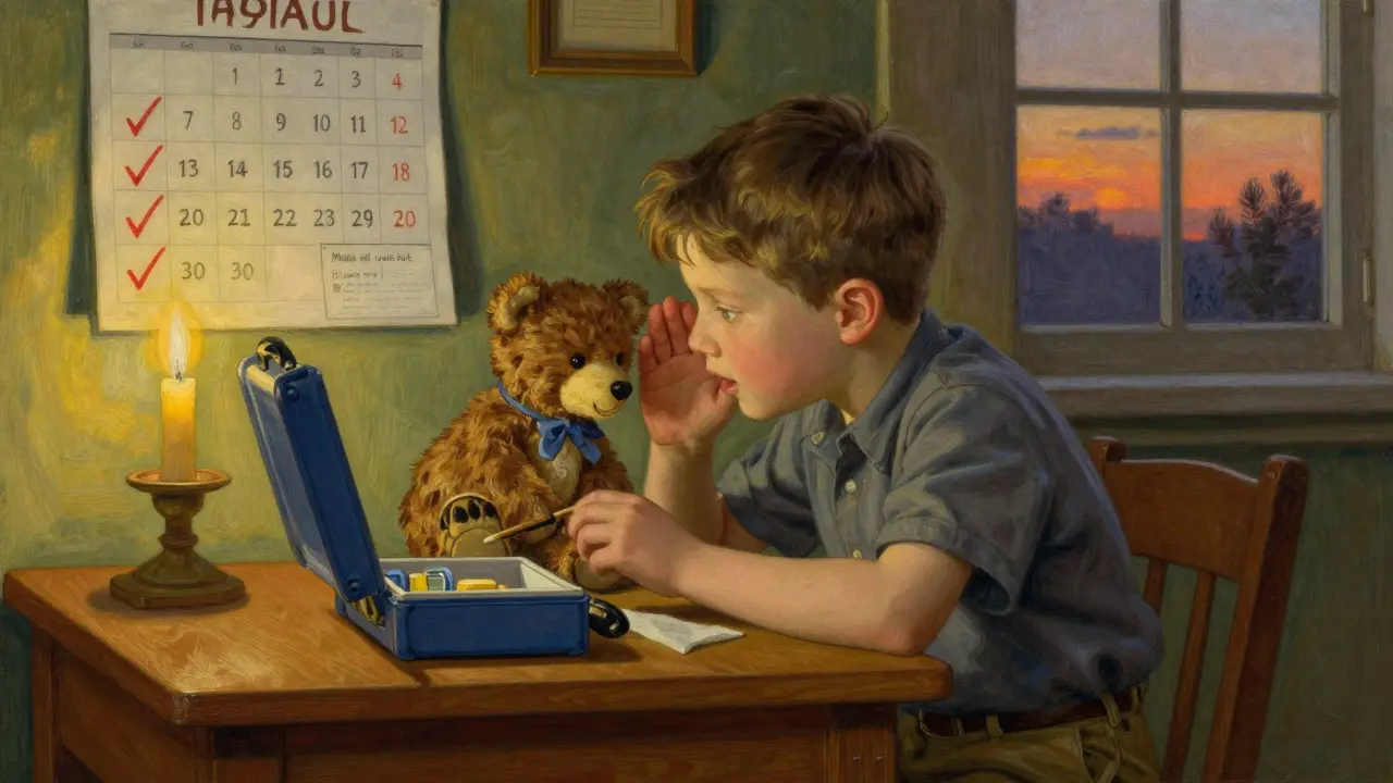 Chlapec hraje s plyšákem jako lékař, šepce, že maminka se vrátí, v teplém bytě.