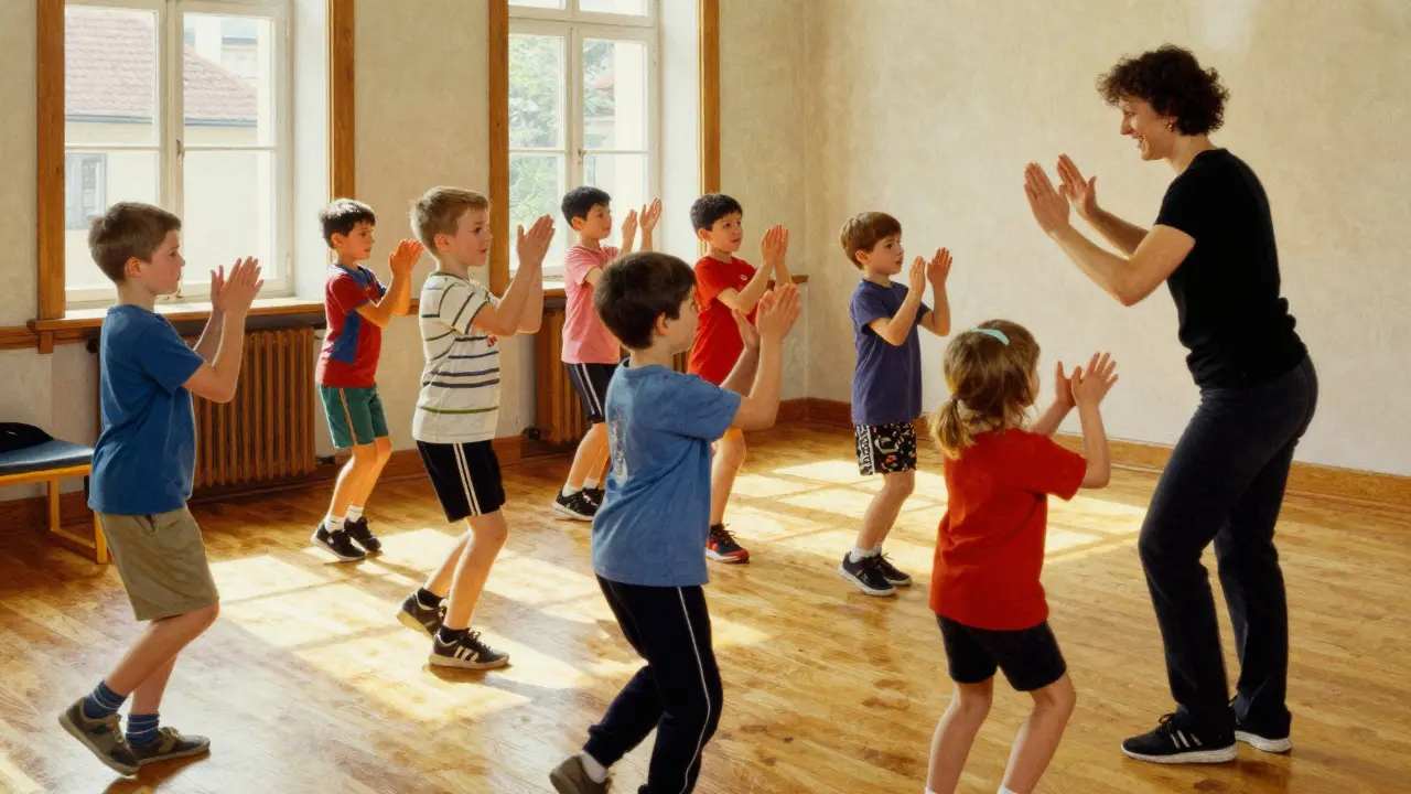 Děti s ADHD cvičí rytmus s terapeutem v Olomouci.