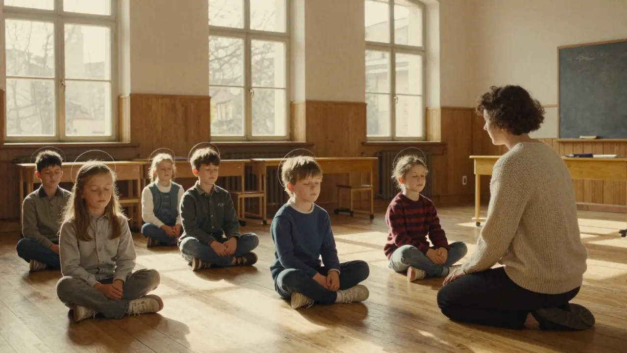 Děti v pražské škole cvičí vědomé dýchání pod vedením učitelky.