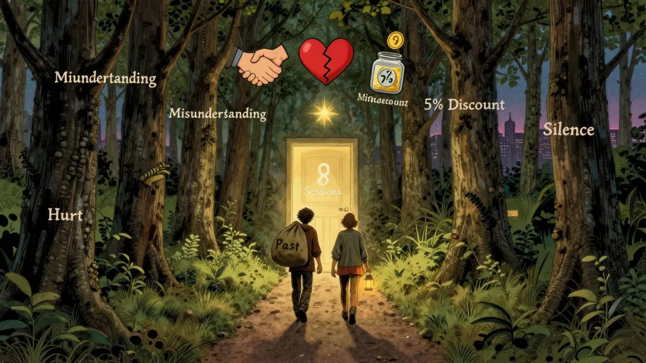 Dva lidé jdou cestou k uzdravení, přes překážky k dveřím s nápisem '8 sezení'.