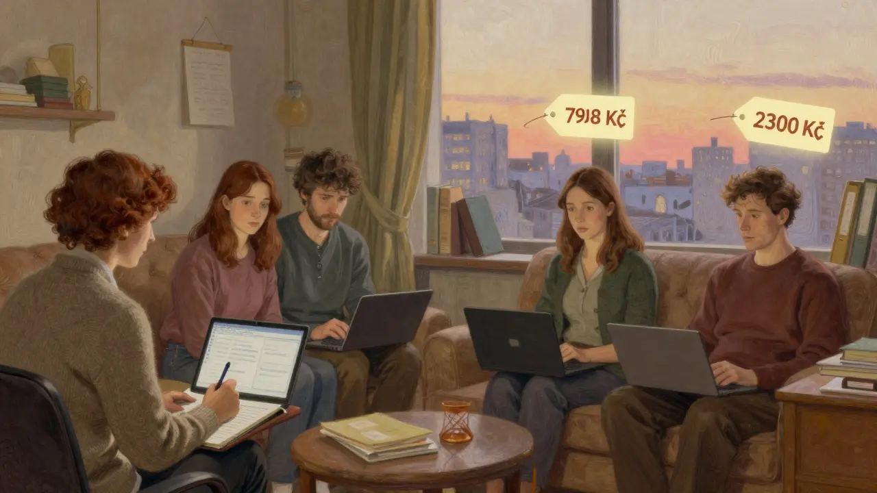 Dvě scény: online a osobní terapie s cenovými značkami v pozadí.