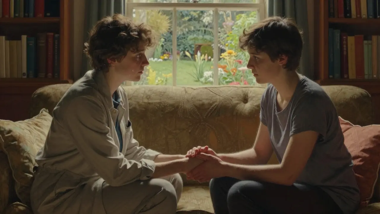 Dvojice a terapeut sedí v klidné místnosti během terapeutického rozhovoru.