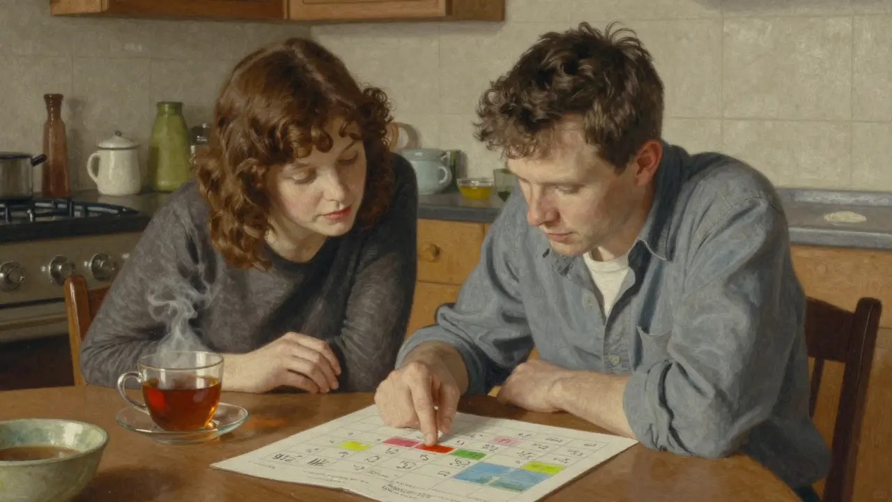 Dvojice si prohlíží detailní týdenní kalendář v kuchyni při klidném večeru.