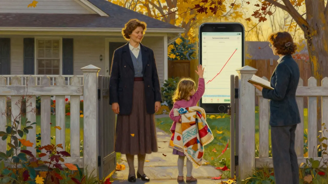 Matka a dítě se rozloučí u zahradní brány, terapeut pozoruje, na telefonu je graf pokroku.