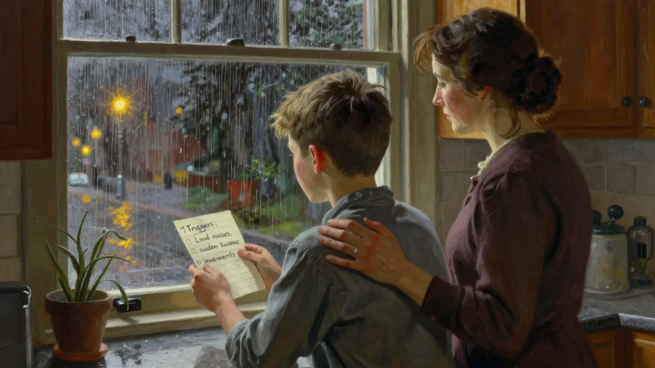 Matka a syn stojí u okna, sledují déšť, zatímco syn drží seznam spouštěčů PTSD.