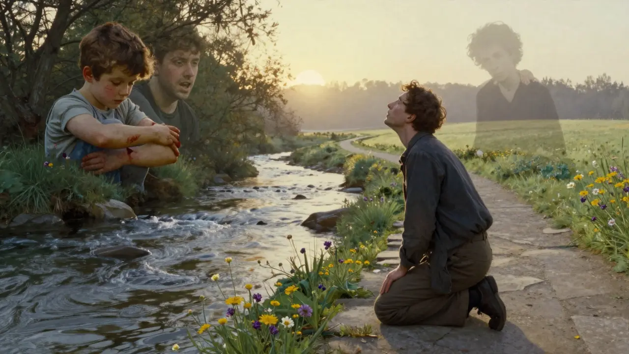 Muž u řeky vidí, jak jeho minulé bolesti se mění v květiny a světlo, zatímco jeho starý strach mizí v mlze.