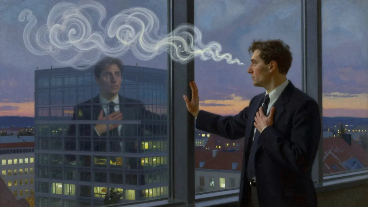 Pracovník v kanceláři pozoruje své myšlenky, které se vypařují do večerního nebe.