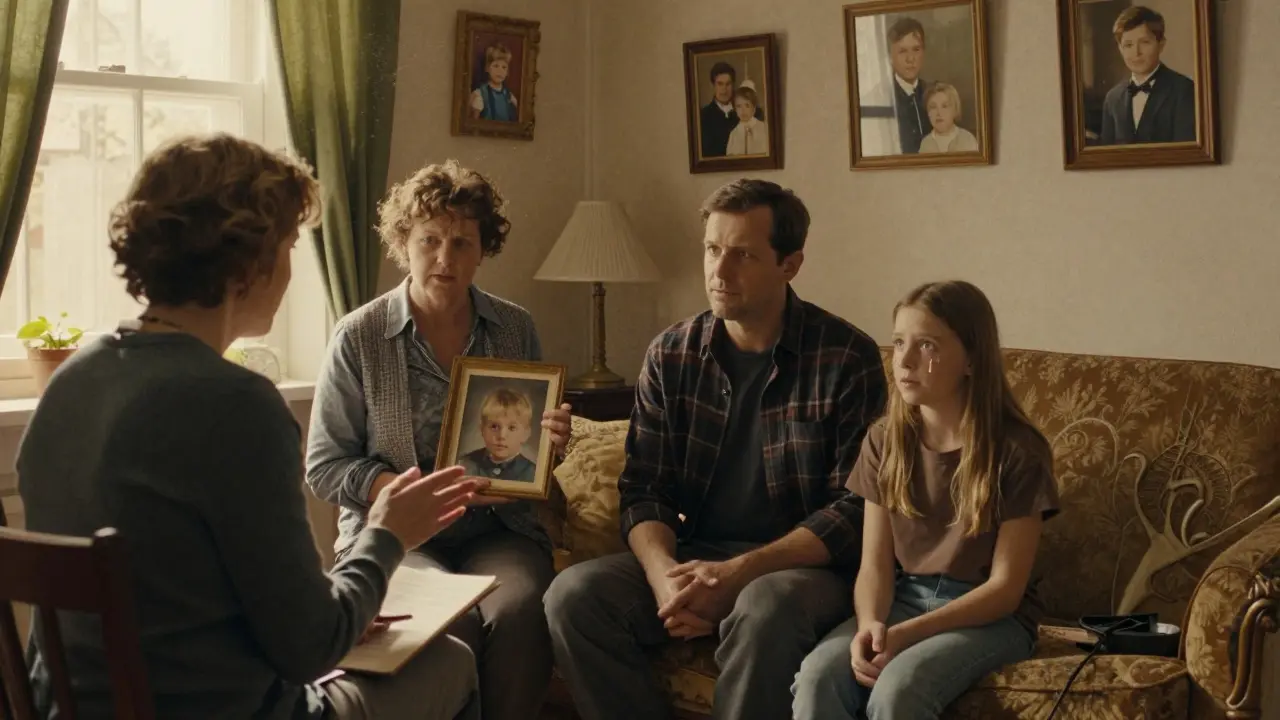 Rodina během terapie, kdy jeden z členů poprvé zvedl oči a plakal.