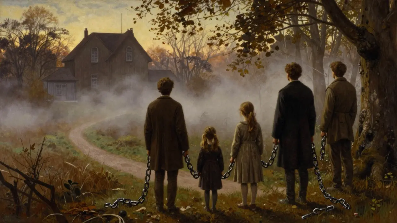 Rodina na kraji lesa, která opouští minulost a kročí směrem k novému začátku.