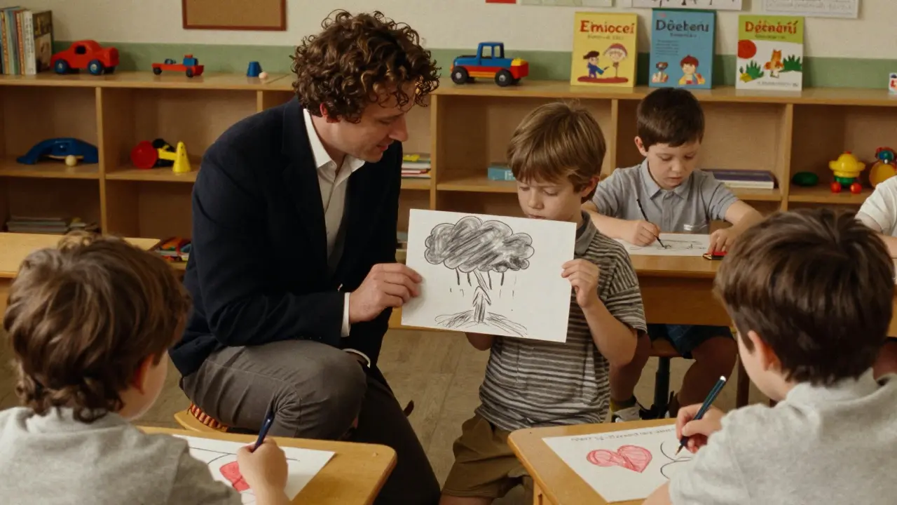 Školní psycholog pomáhá dítěti pojmenovat emoce v české třídě s barevnými kresbami.