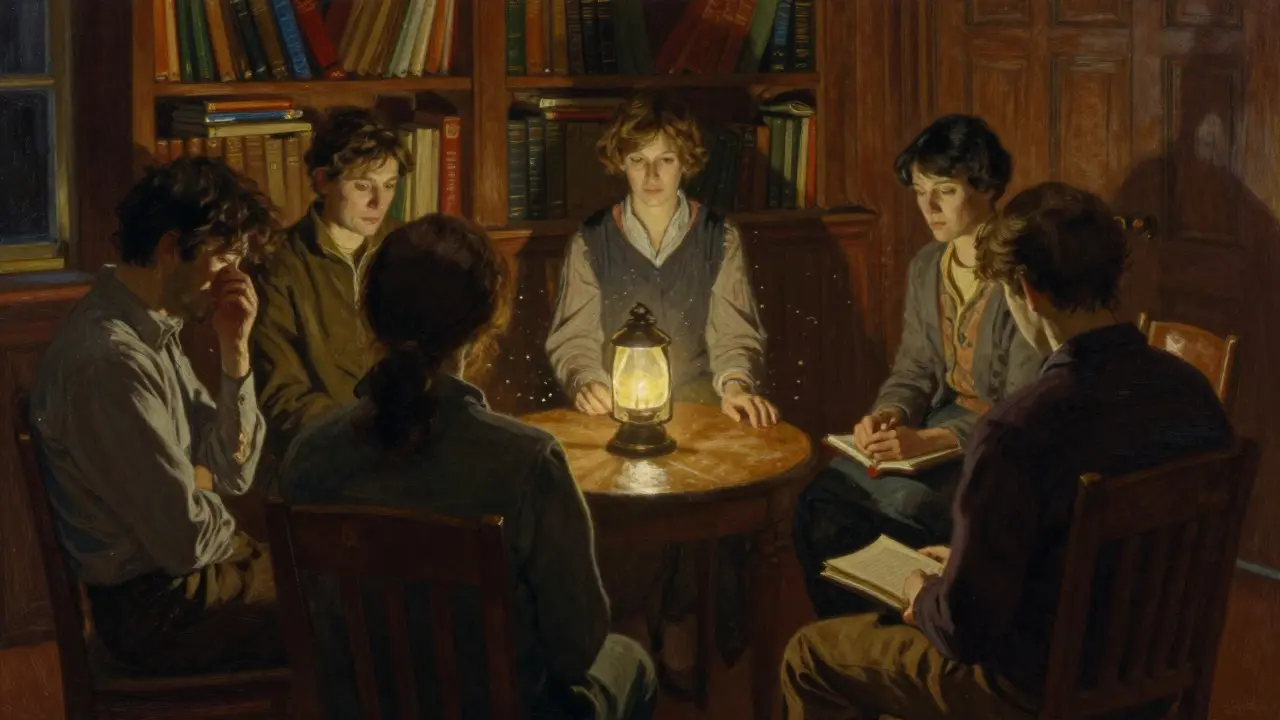 Skupina lidí sedí v kruhu během terapie, terapeutka je mezi nimi jako rovný partner.