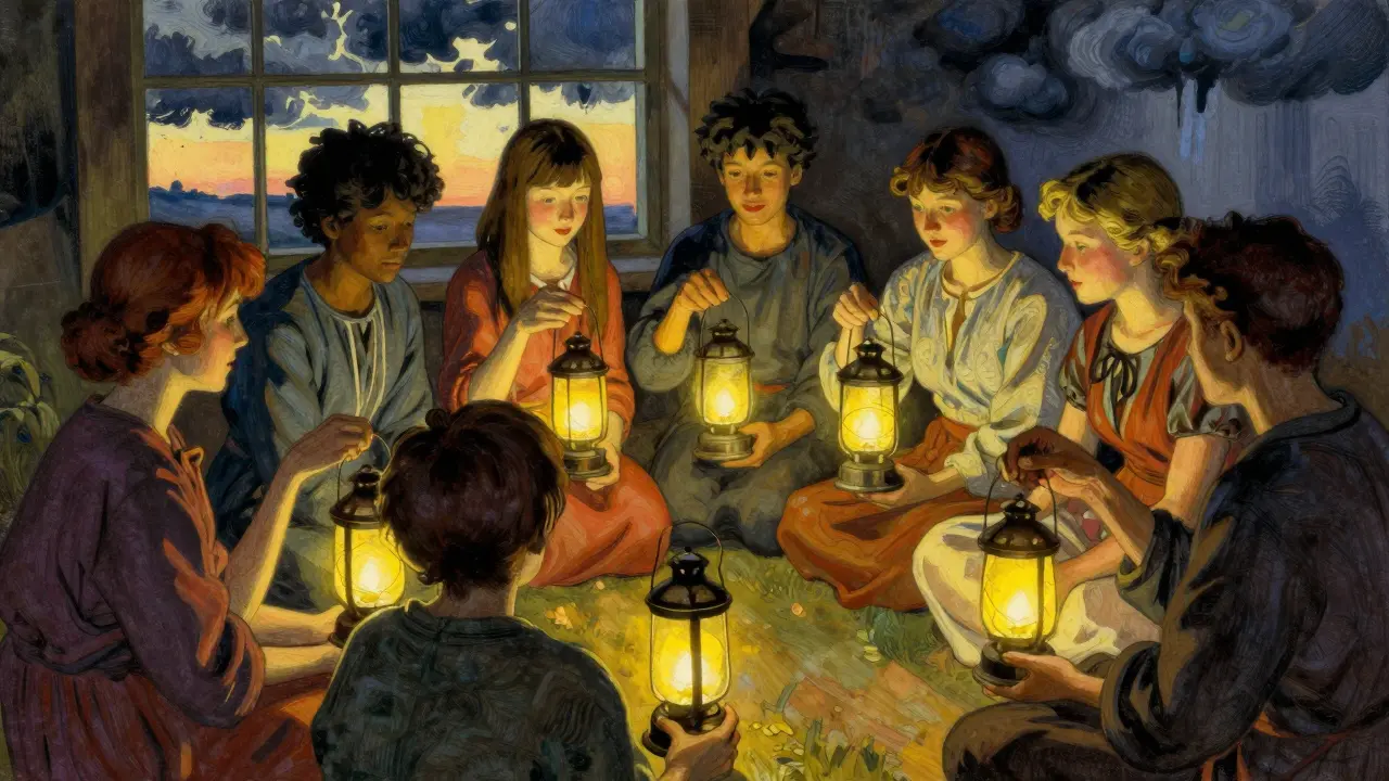 Skupina lidí sedí v kruhu s vlastními světlíky, zatímco venku rozednívá.