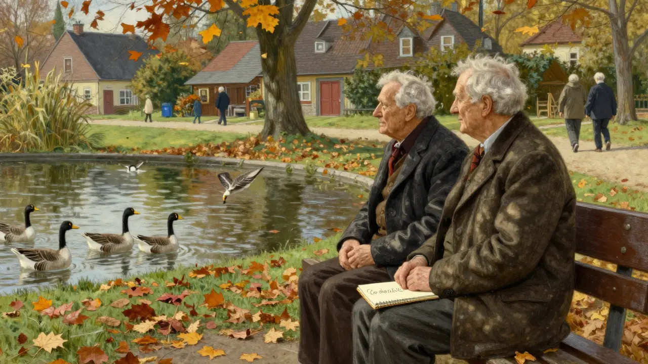 Starší muž a sousedka sedí na lavičce v parku, sledují husy, symbolizují spojení a podporu.