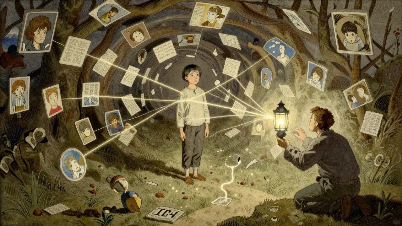 Střední fáze terapie: klient obklopen vize minulosti, terapeut světlem osvětluje vzory chování.