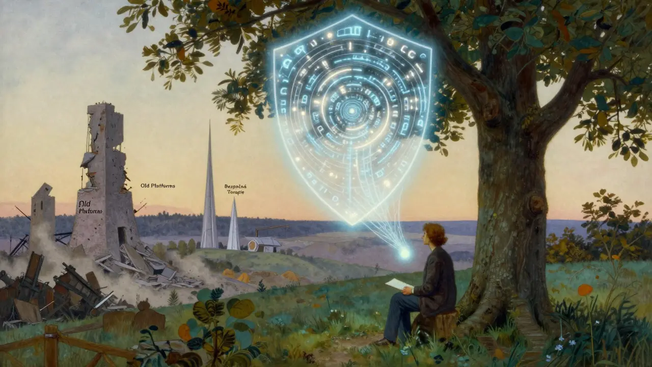 Terapeut a klient pod stromem, jejich slova se mění v kvantový štít, zatímco staré platformy zanikají v dálce.