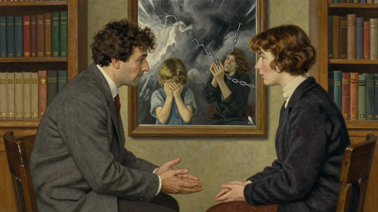 Terapeut a klient sedí proti sobě, za nimi zrcadlo odhalující jejich vnitřní emoce.