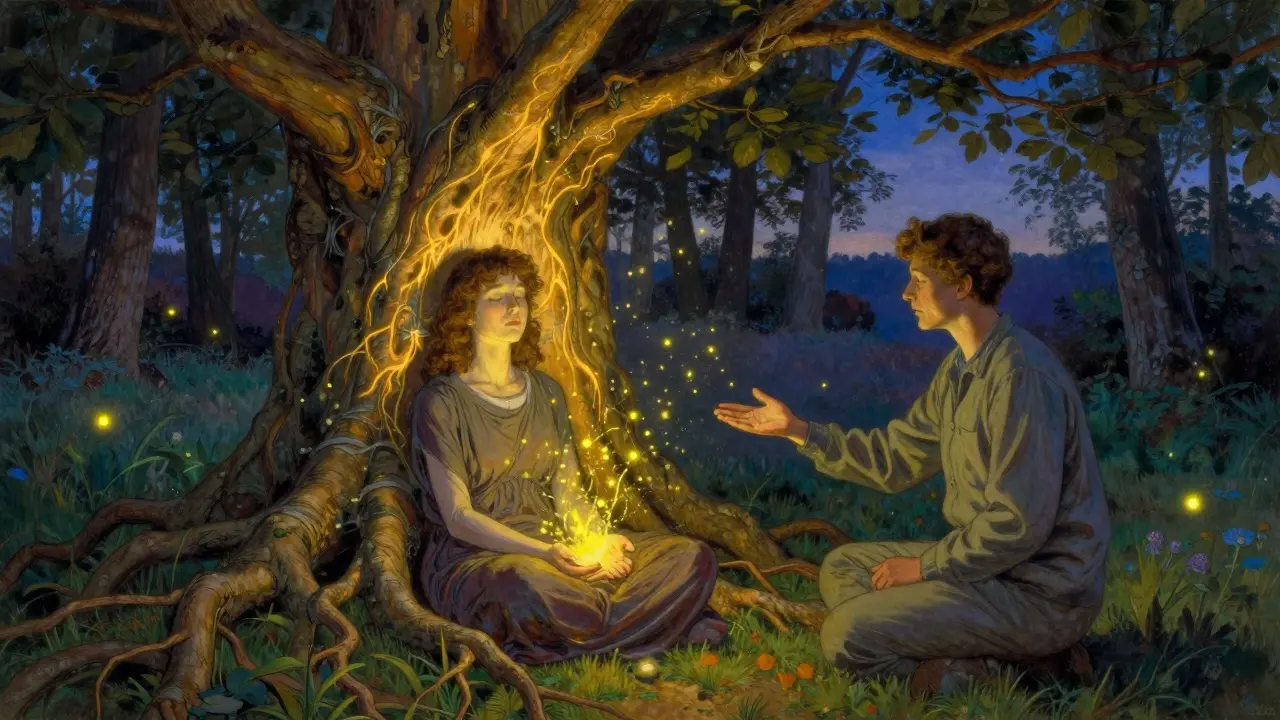 Terapeut a klient v lese, klient vidí strom, který přijímá jeho strachy, zatímco terapeut ho tiše vede.