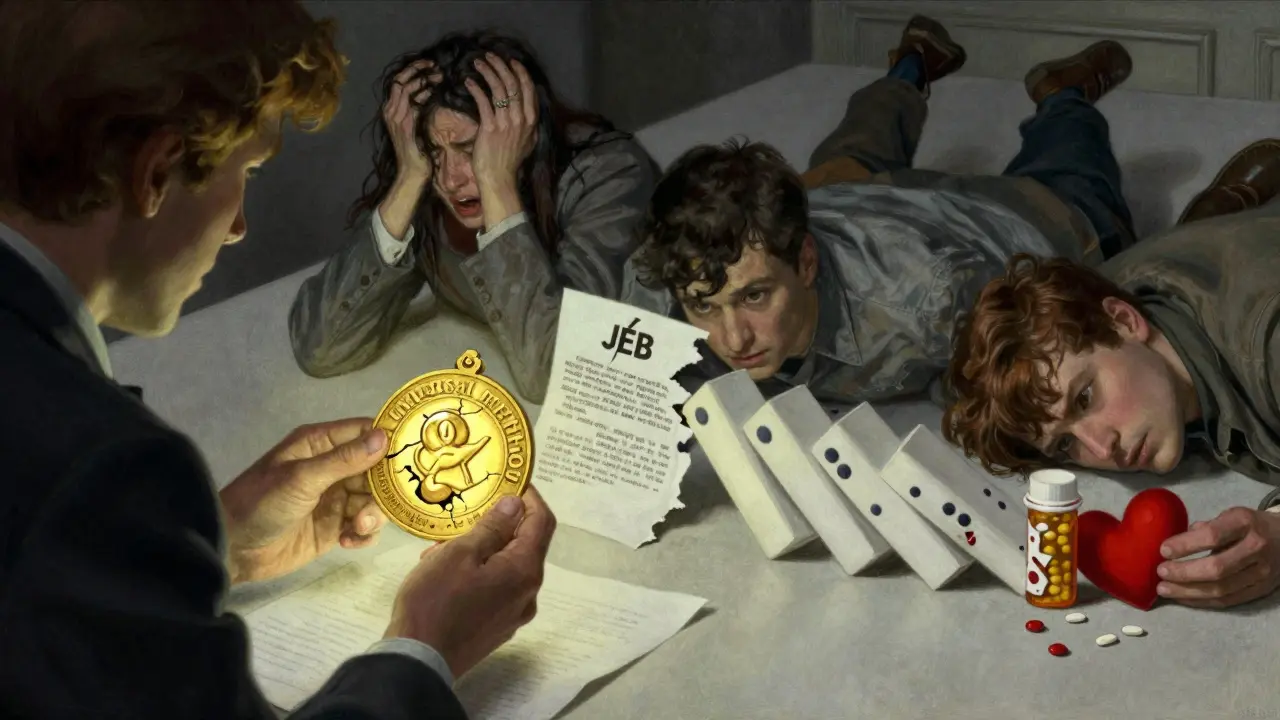 Terapeut drží symbolickou medaili, zatímco klienti padají jako dominové kostky pod tlakem škodlivé terapie.