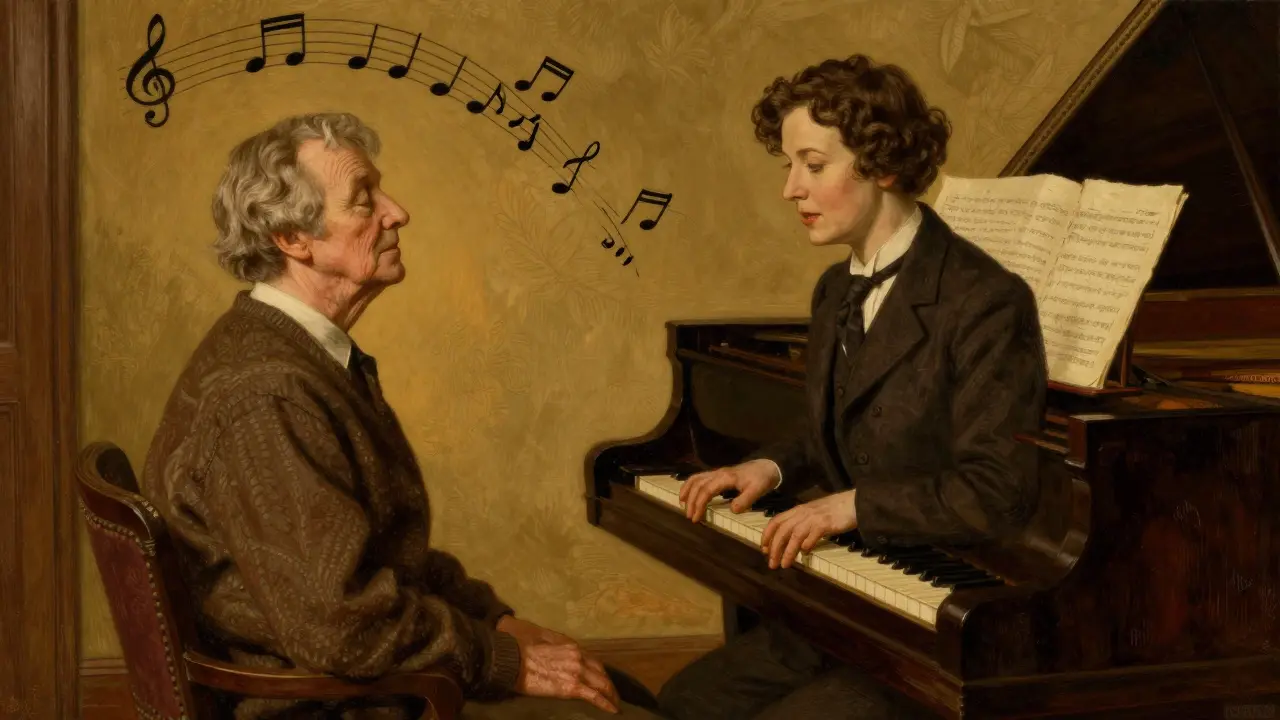 Terapeut hraje na klavír pro staršího pacienta v terapii.