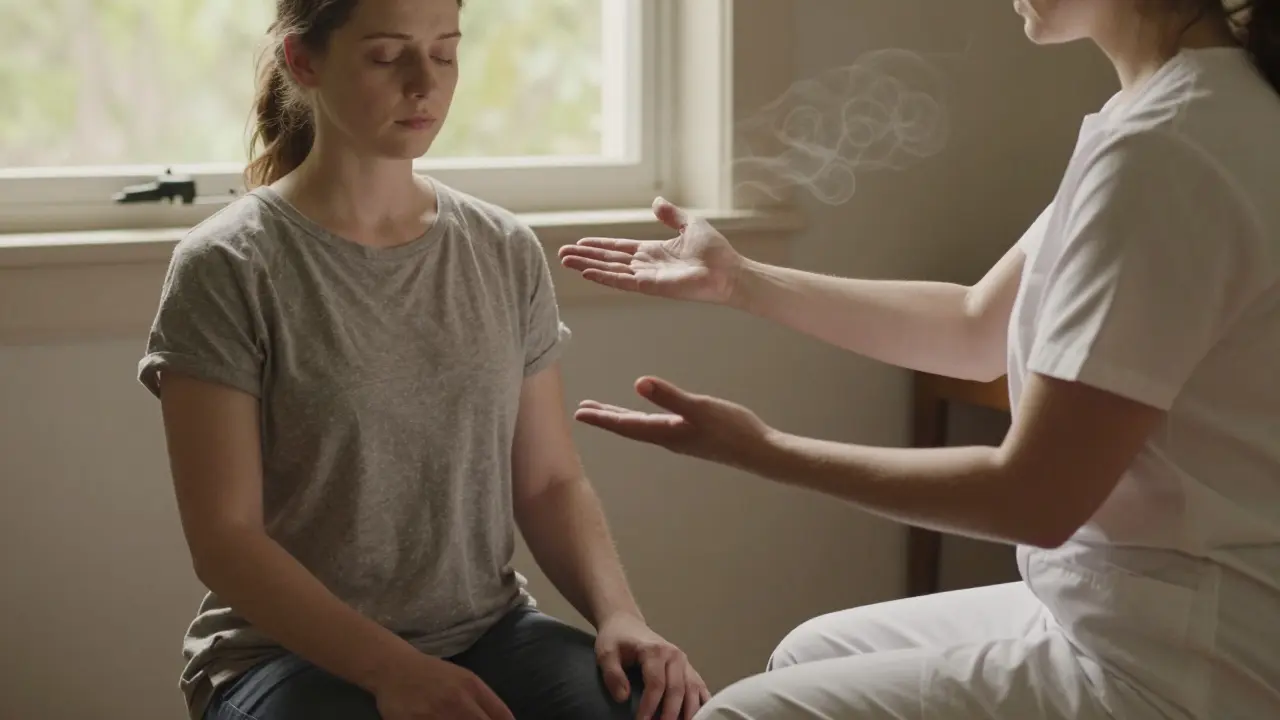 Terapeut ukazuje relaxační techniku pacientce v klidné místnosti