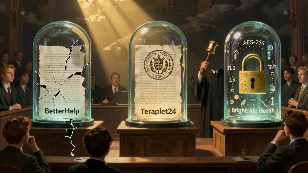 Tři digitální trezory v soudním sále — jeden zlomený, jeden s českou certifikací, jeden s označením AES-256 a TLS 1.3.