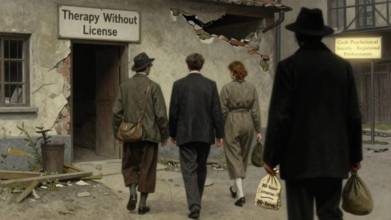 Tři lidé odcházejí od zřízení bez licencí, ve vzdálenosti se objevuje známka registrovaných odborníků.