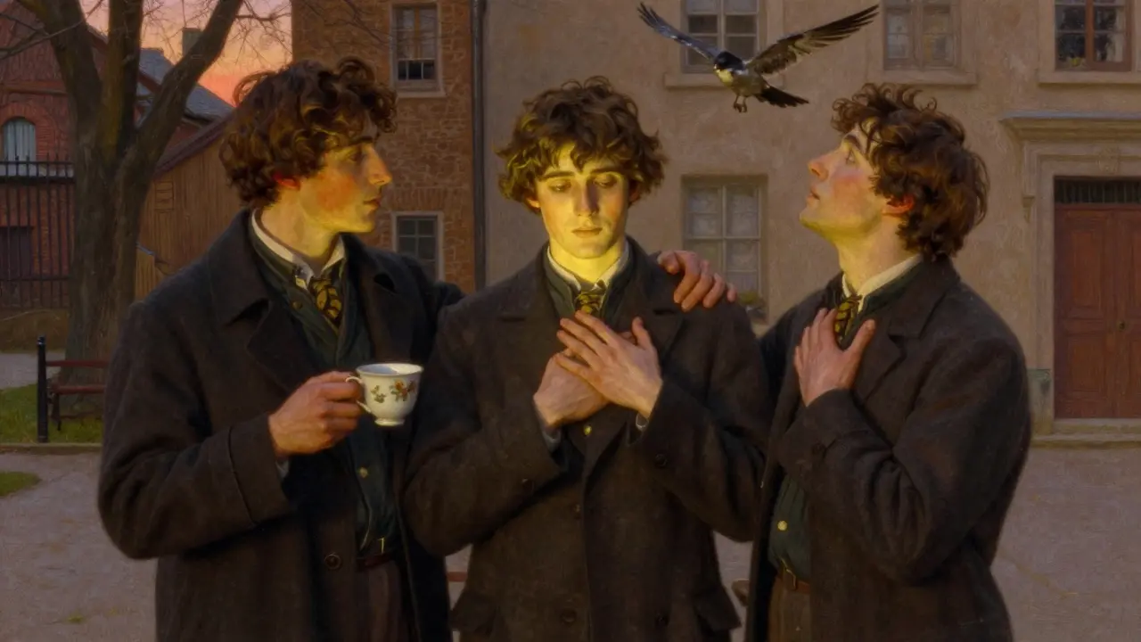 Tři postavy v klidném dvorku, každá vyjadřuje jiný aspekt duševního zdraví — přijetí, spojení, vnitřní teplo.