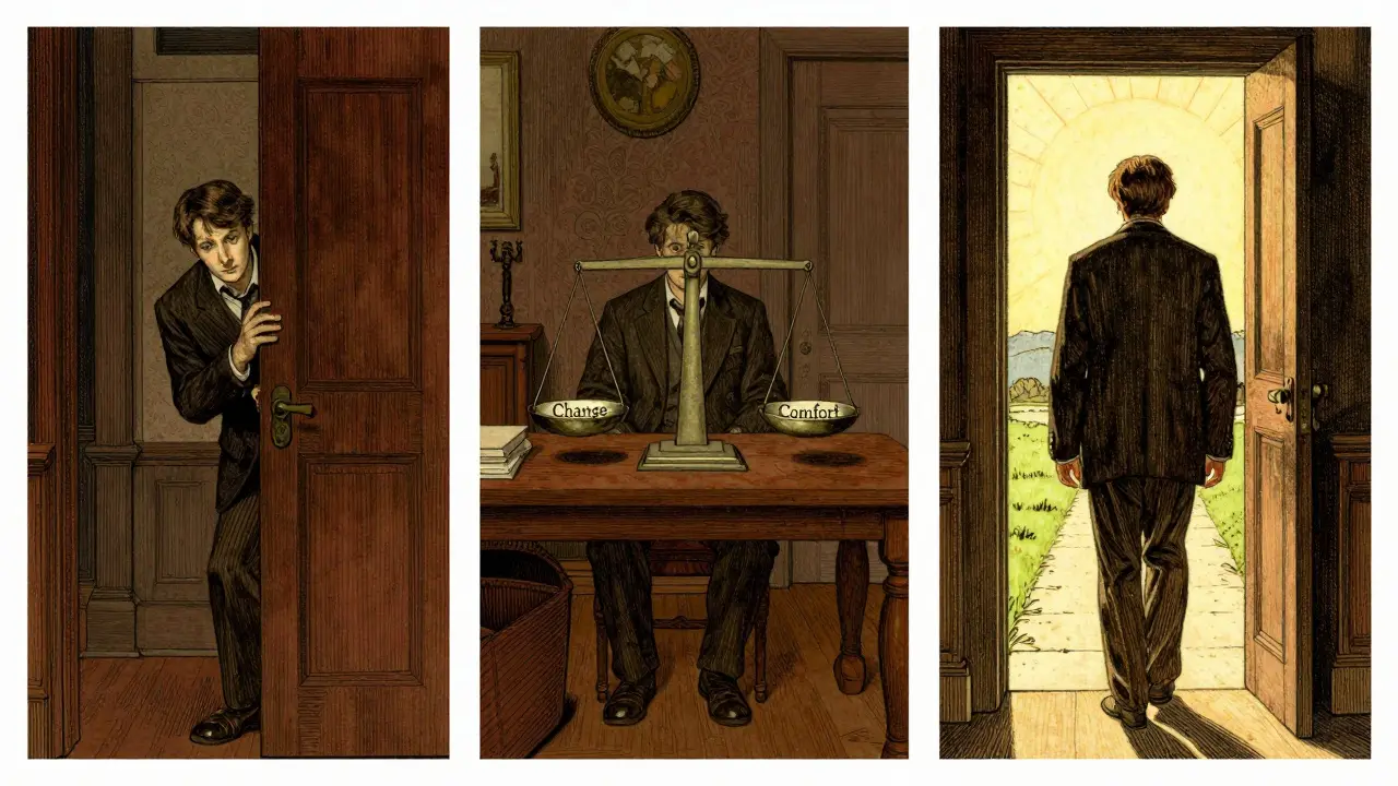 Tři scény klienta v průběhu změny: pochybovač, váhající a připravený krok k nové cestě.