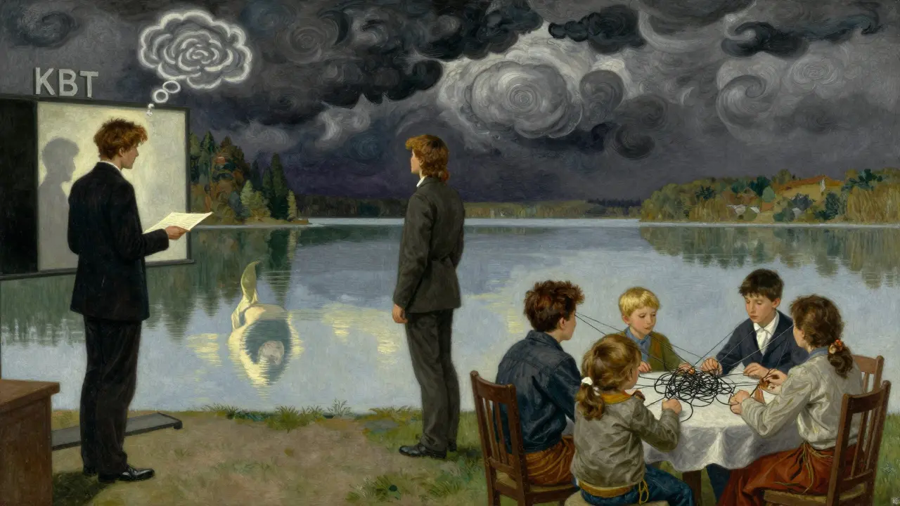 Tři scény znázorňují různé terapeutické přístupy: úzkost, sebepoznání a rodinné vztahy.