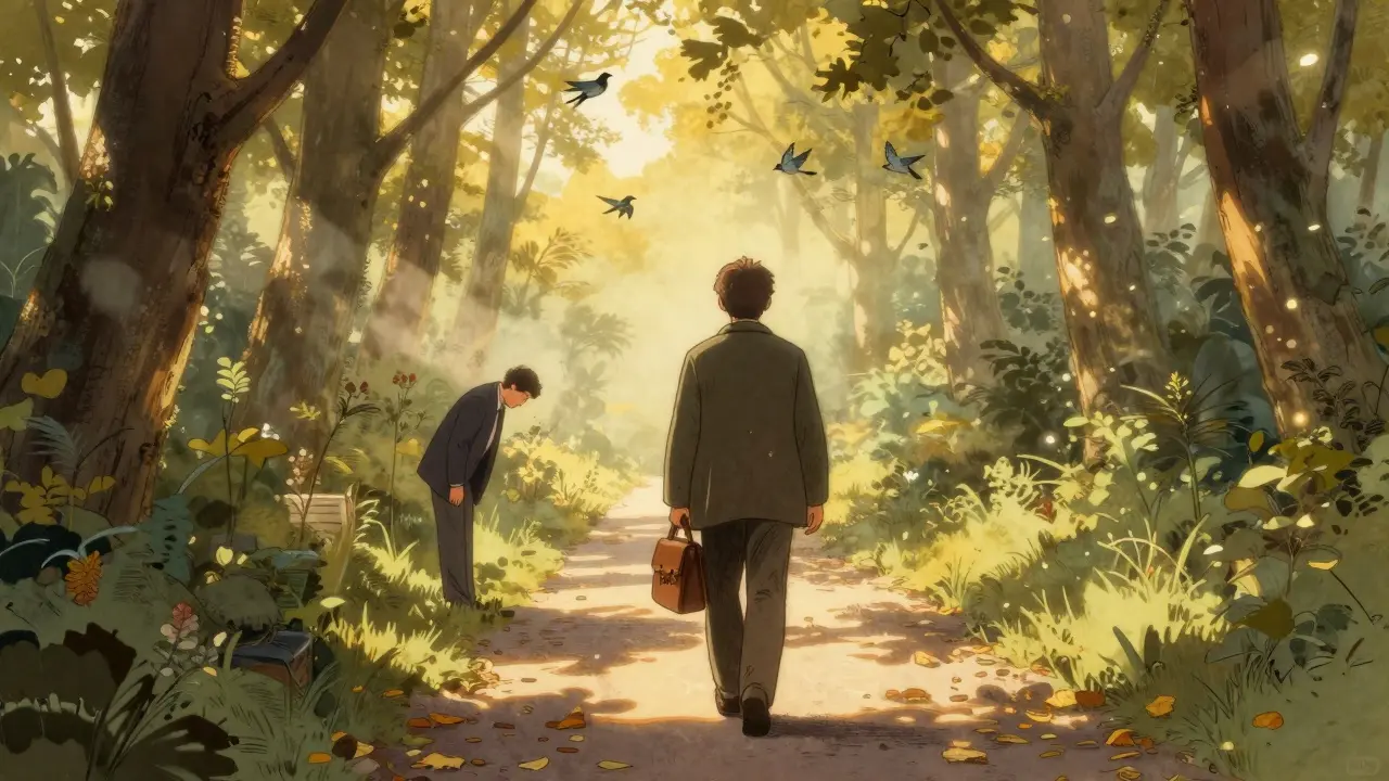 Ukončení terapie: klient jde samotný po cestě s nástroji, terapeut zůstává pozadu s úctou.