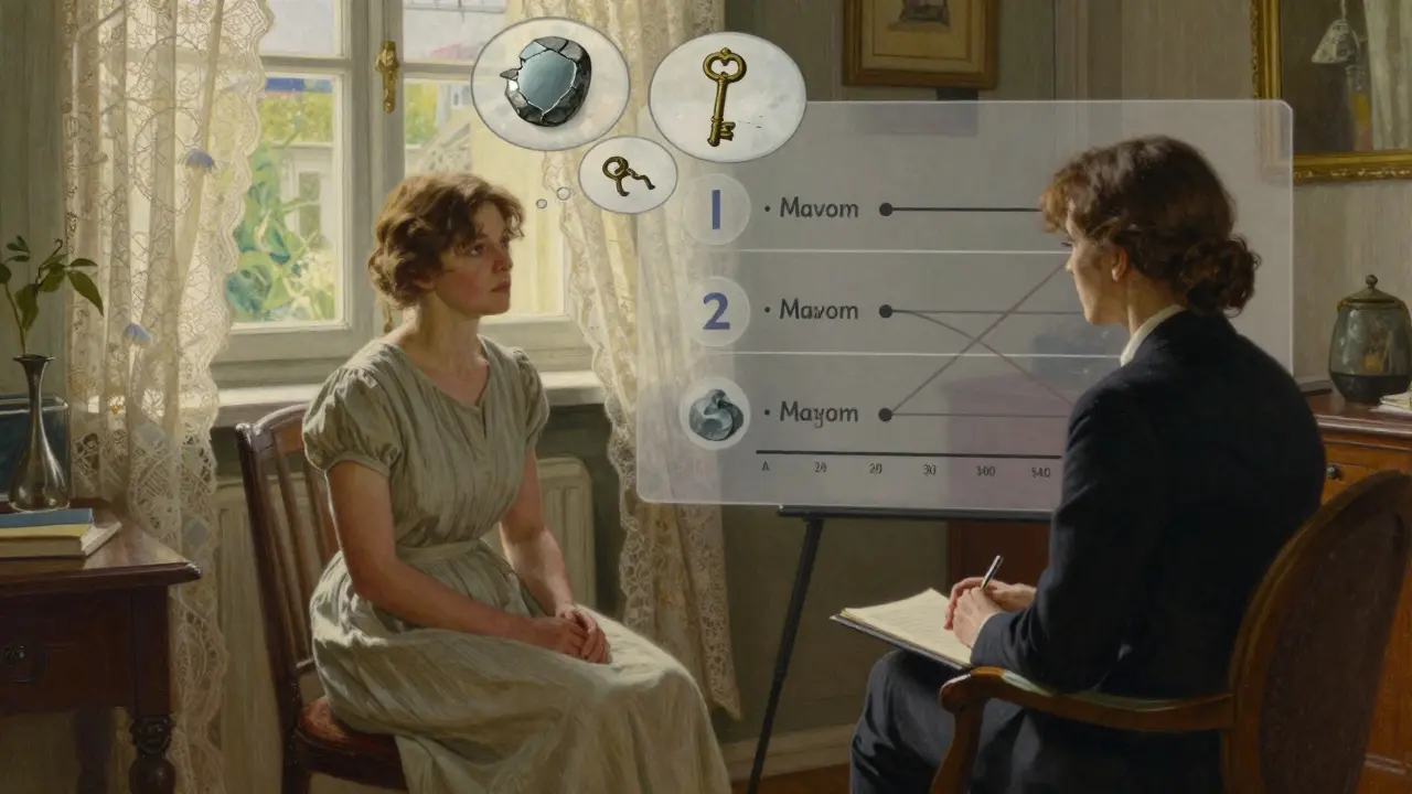 Žena během psychoterapie s vizuálními symboly traumatu, které se mění pod vlivem léčby, v klidném domácím prostředí.