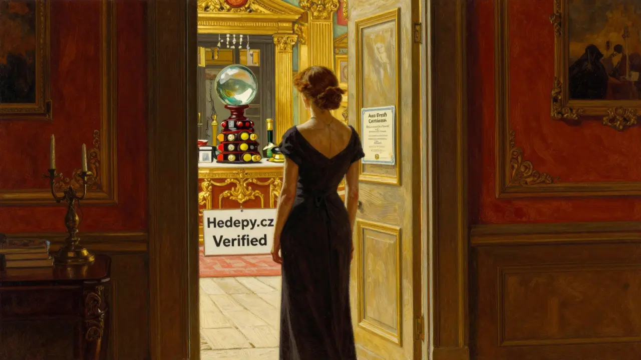 Žena opouští terapeutickou ordinaci plnou podvodných symbolů, směřuje k světlu a značce ověřeného terapeuta.