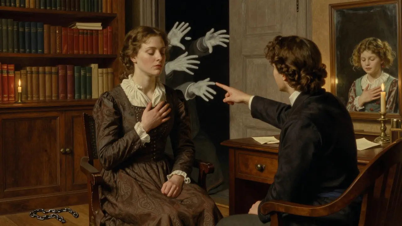 Žena v terapii hledí do zrcadla, kde vidí své dítě, zatímco ruce z pozadí ji táhnou zpět.