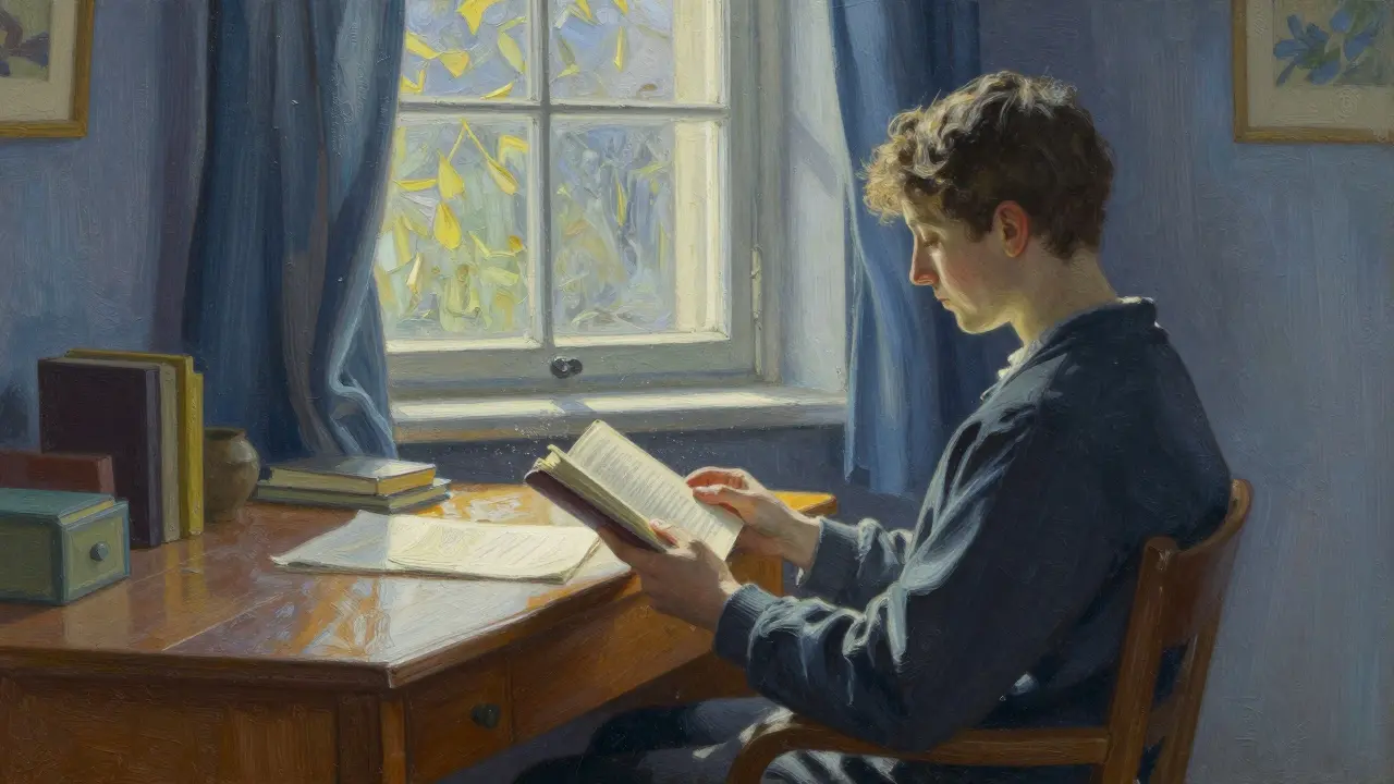 Člověk sedí u okna s knihou, klidné interiérové osvětlení.