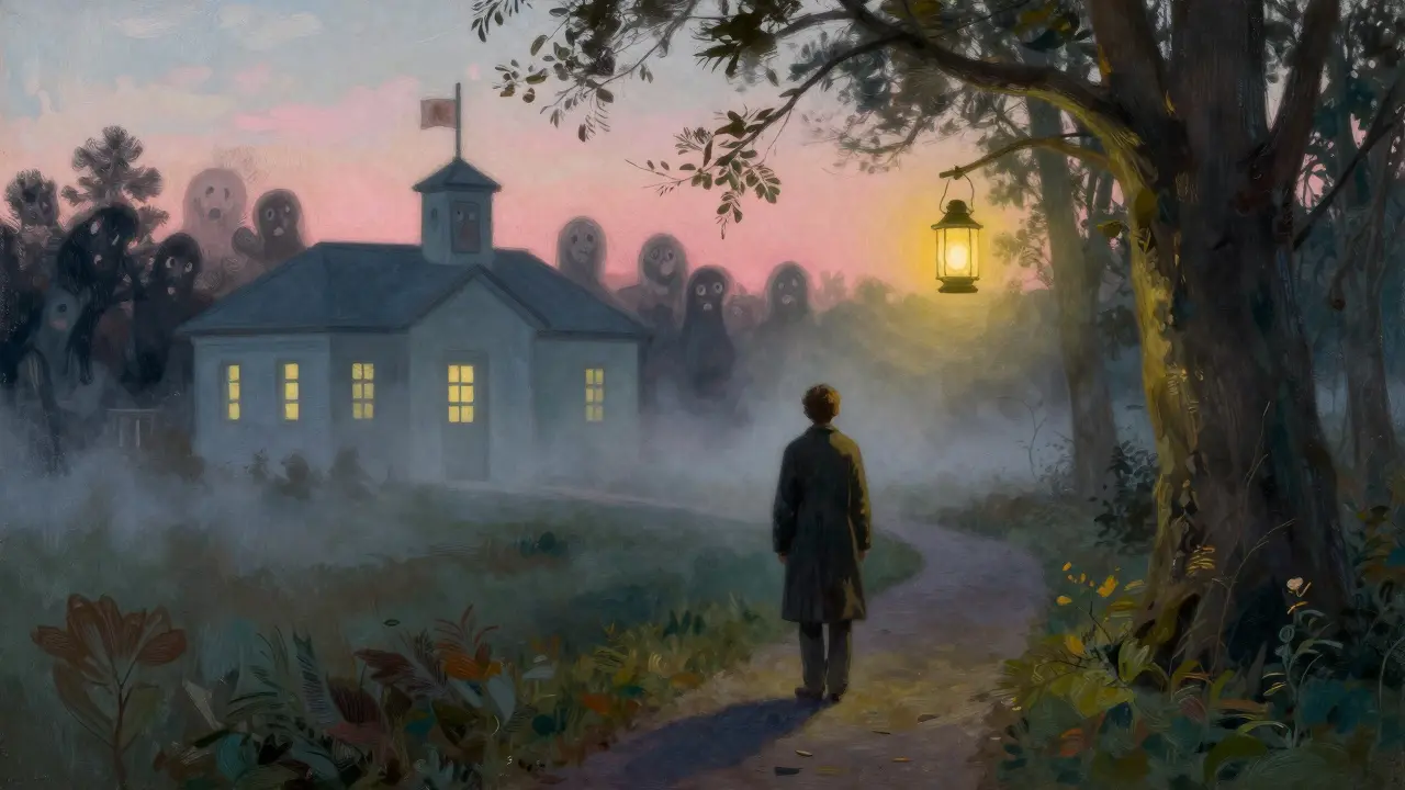 Člověk stojí na kraji lesa v ranním světle, za ním klinika, před ním světlo na cestě k uzdravení.