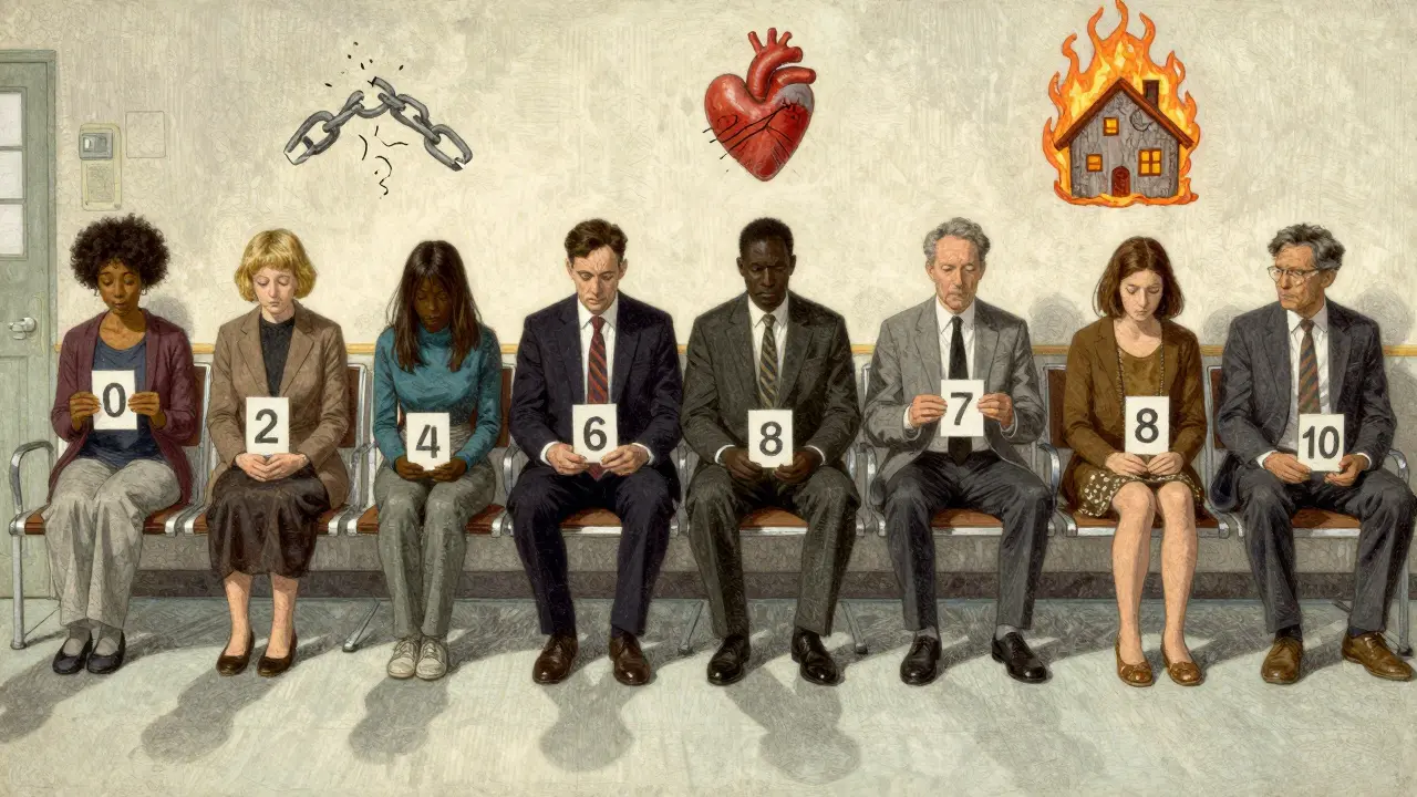 Dospělí v čekárně drží karty s body ACE, nad nimi plavou symboly trauma jako zlomený řetěz a hořící dům.