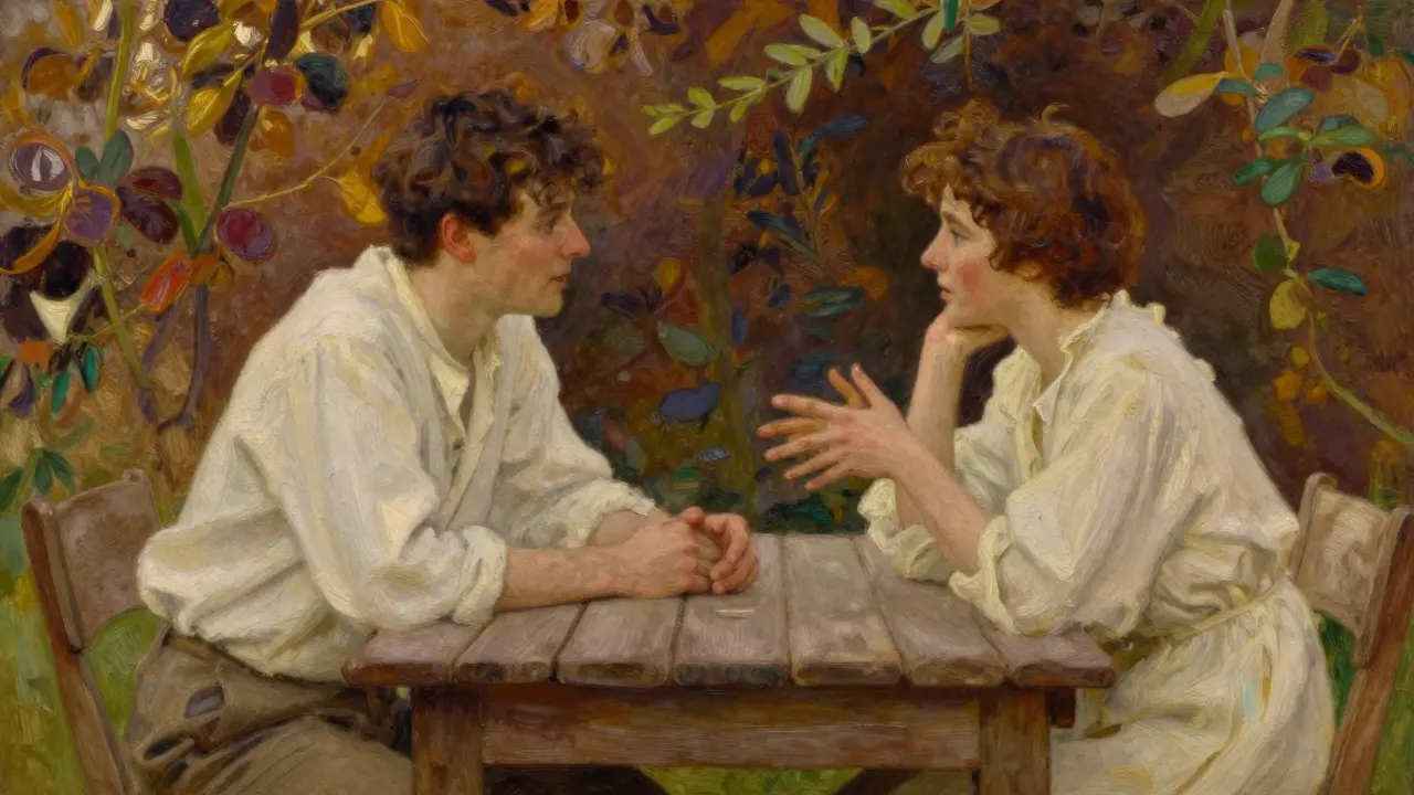 Dva lidé sedí u venkovního stolu, přátelská nálada a světlo.