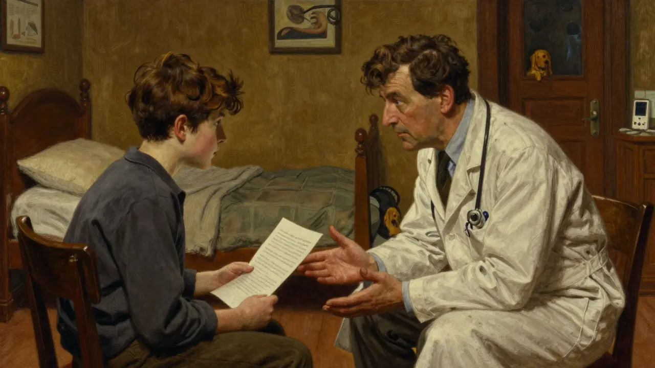 Lékař a pacient se setkávají v ordinaci, pacient drží list s příznaky, lékař naslouchá.