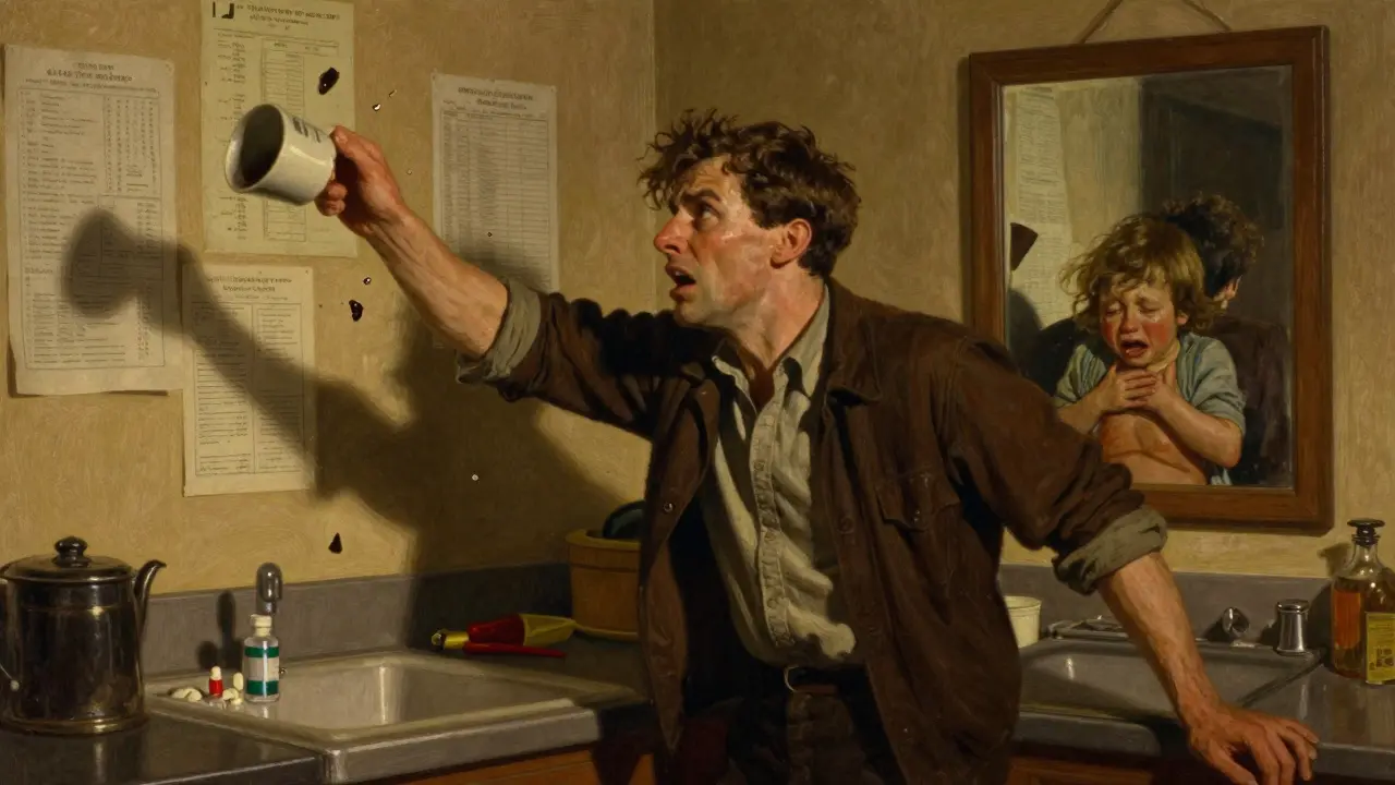 Muž hází kávovou šálku, v zrcadle se objeví pláčící dítě v jeho hrudi.