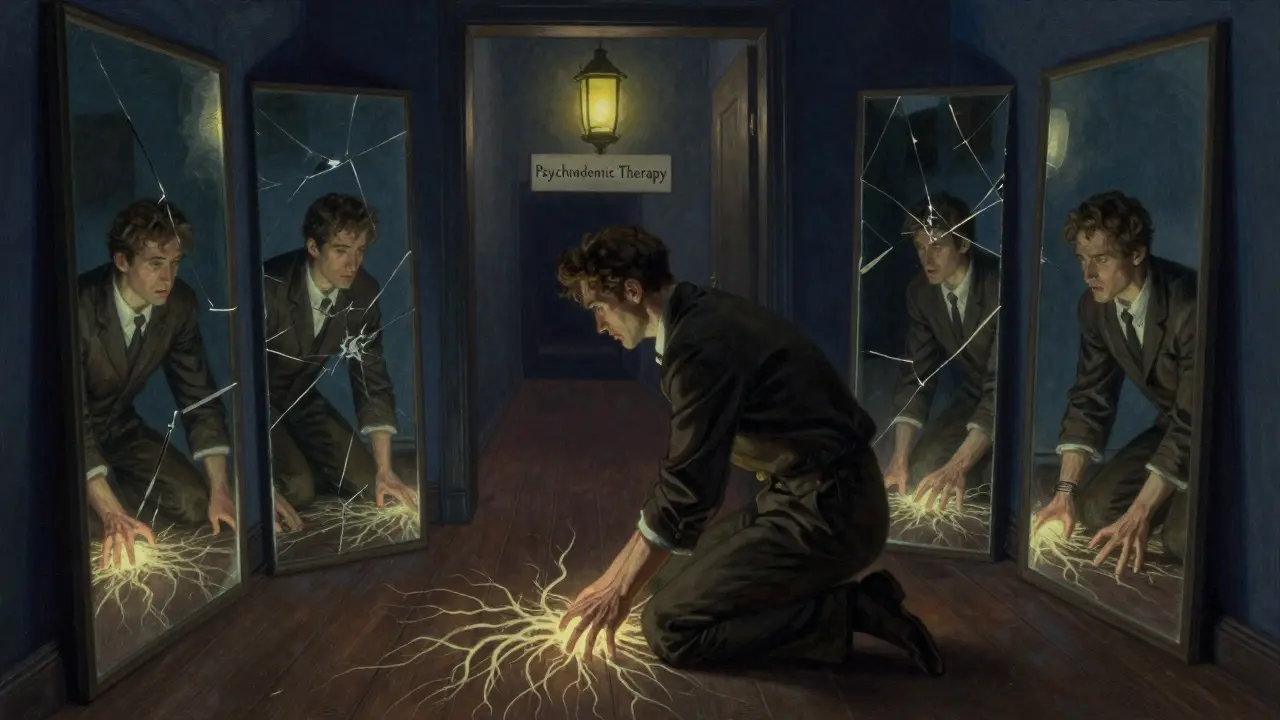 Muž klečí mezi rozbitými zrcadly, za ním dlouhý chodba a kořeny pod zemí – symbol dlouhodobé terapie.