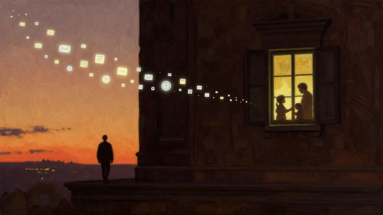 Muž opouští kancelář a směřuje k domovu, kde svítí okno s rodinou, digitální ikony mizí za ním.