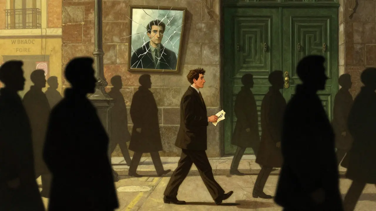 Muž prochází davem nevýrazných postav, sám je detailně vykreslen, drží list s nápisem 'Důvěra?' a v zrcadle vidí dveře.