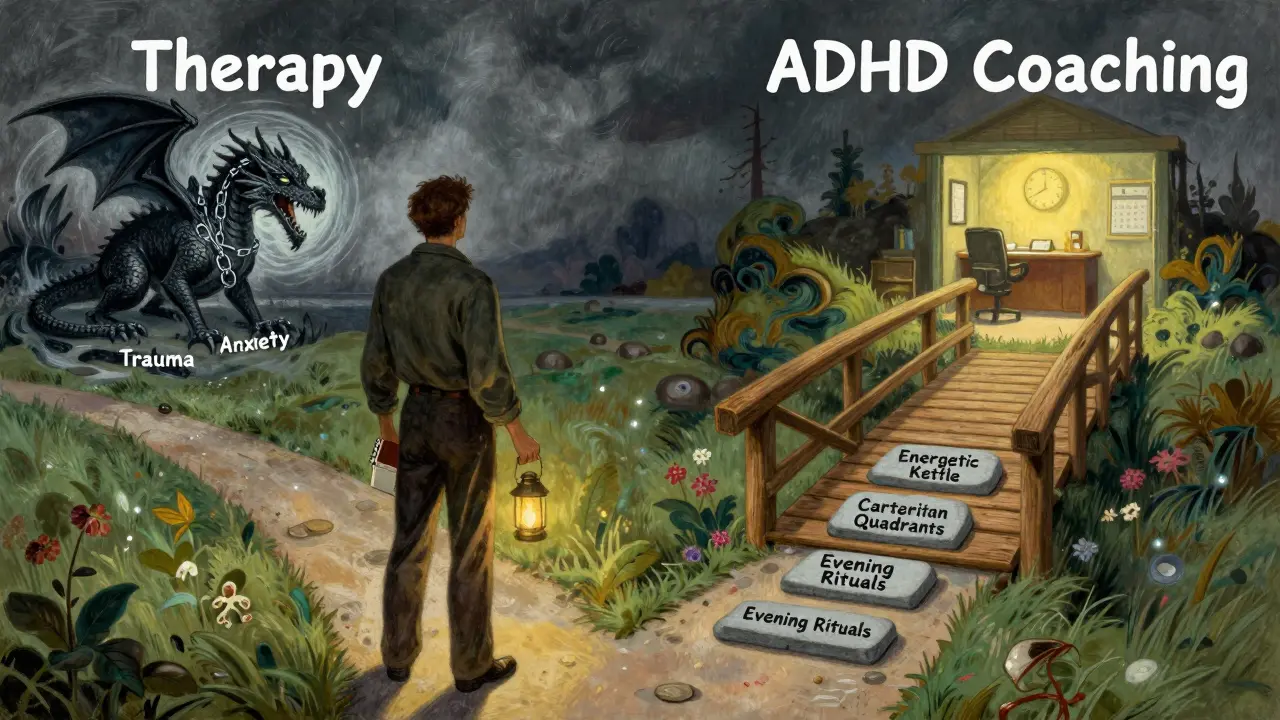 Muž stojí na rozcestí mezi terapií a ADHD koučinkem, jeden cestou překonává traumata, druhou najde strukturu.