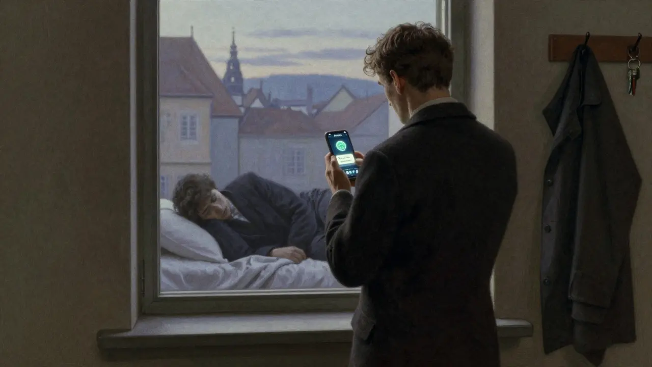 Muž v Brně hledí z okna na mobil s aplikací 'Hranice', zatímco jeho partner spí na posteli.