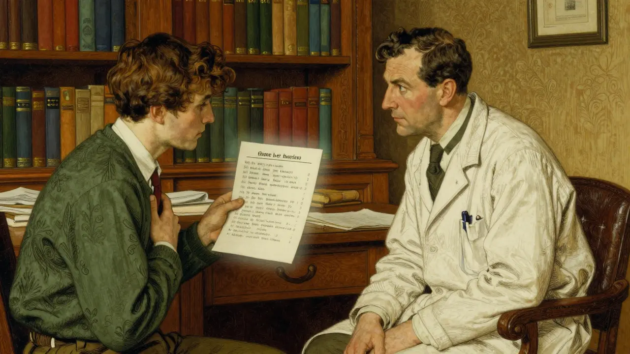 Pacient a lékař se během konzultace podívejí do očí, drží seznam léků a doplňků.