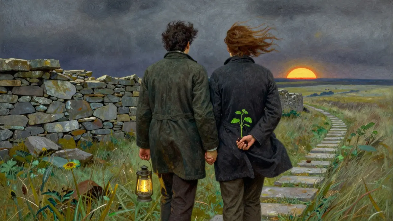 Pár stojí v bouřce, drží se za ruce a vedou spolu novou cestu k růstu, kolem nich se mění staré struktury.