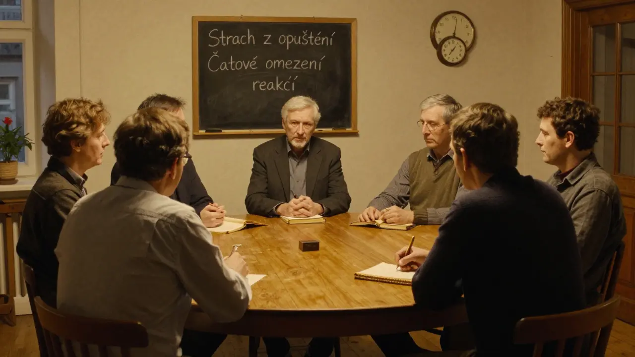 Pět partnerů poslouchá terapeuta v Praze, který vysvětluje techniky pro reakce na hraniční poruchu osobnosti.