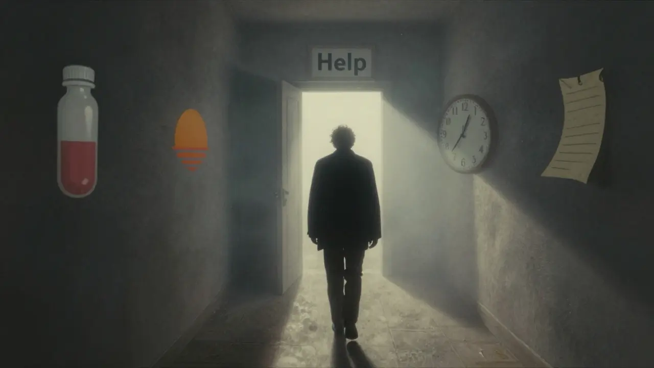 Postava jde směrem ke dveřím označeným 'Pomoc' skrze prázdný koridor plný symbolů duševního zdraví.