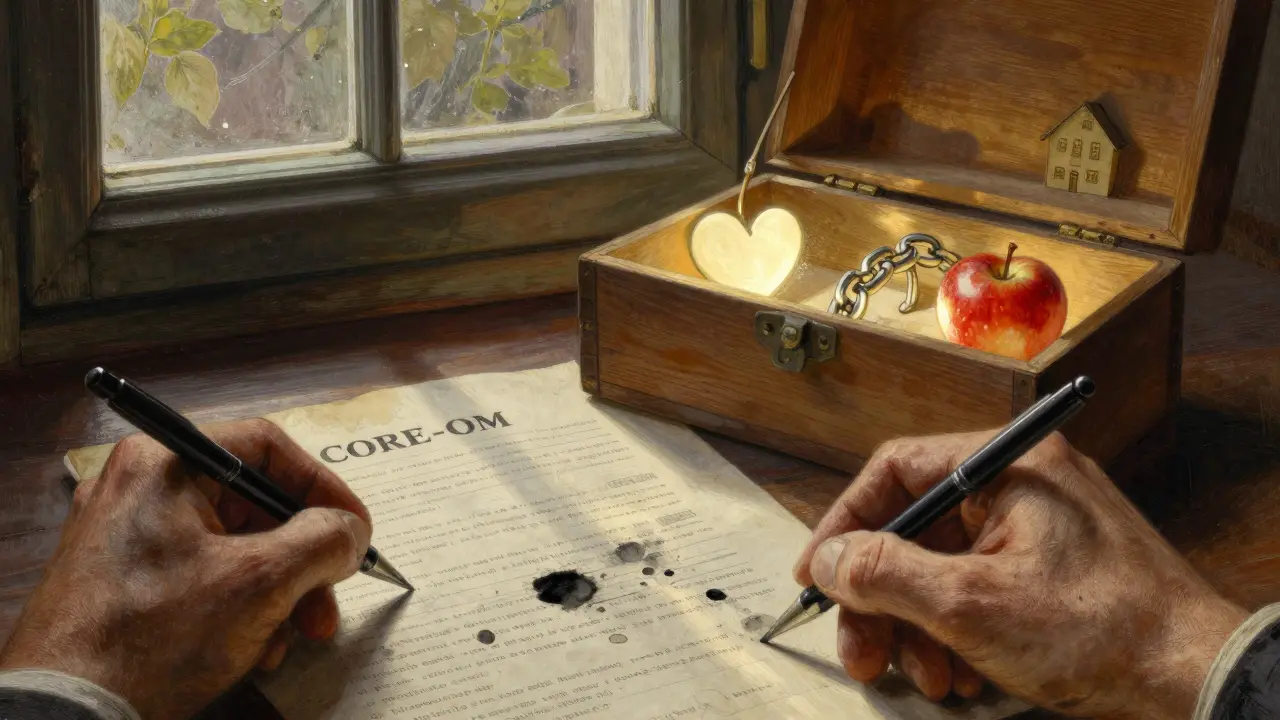 Ruka vyplňující dotazník CORE-OM, vedle něj symboly osobních cílů: srdce, řetěz, jablko a dům.